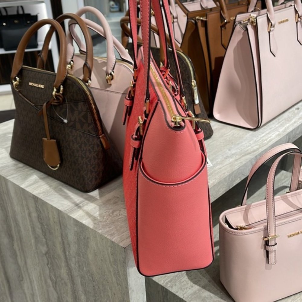Michael Kors Charlotte Large Logo and Leather Top-Zip Tote Bag Coral Reef Multi - Picture 12 of 16